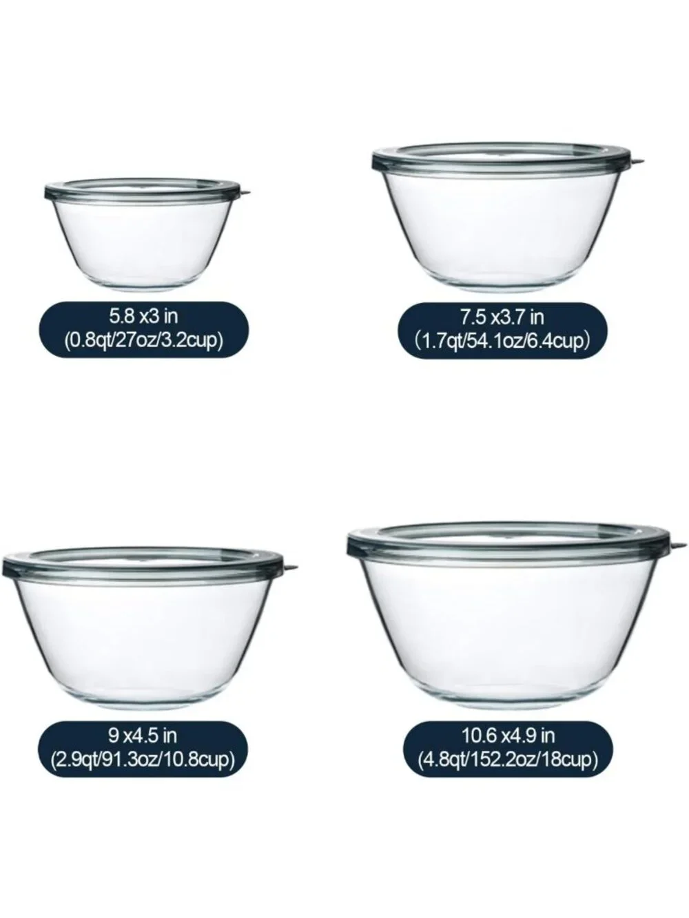 Set of 4 Glass Mixing Bowls with Lids - 0.8 to 4.8 Qt Storage & Prep Bowls
